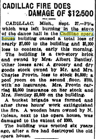 Cadillac Opera House - Sept 1912 Fire